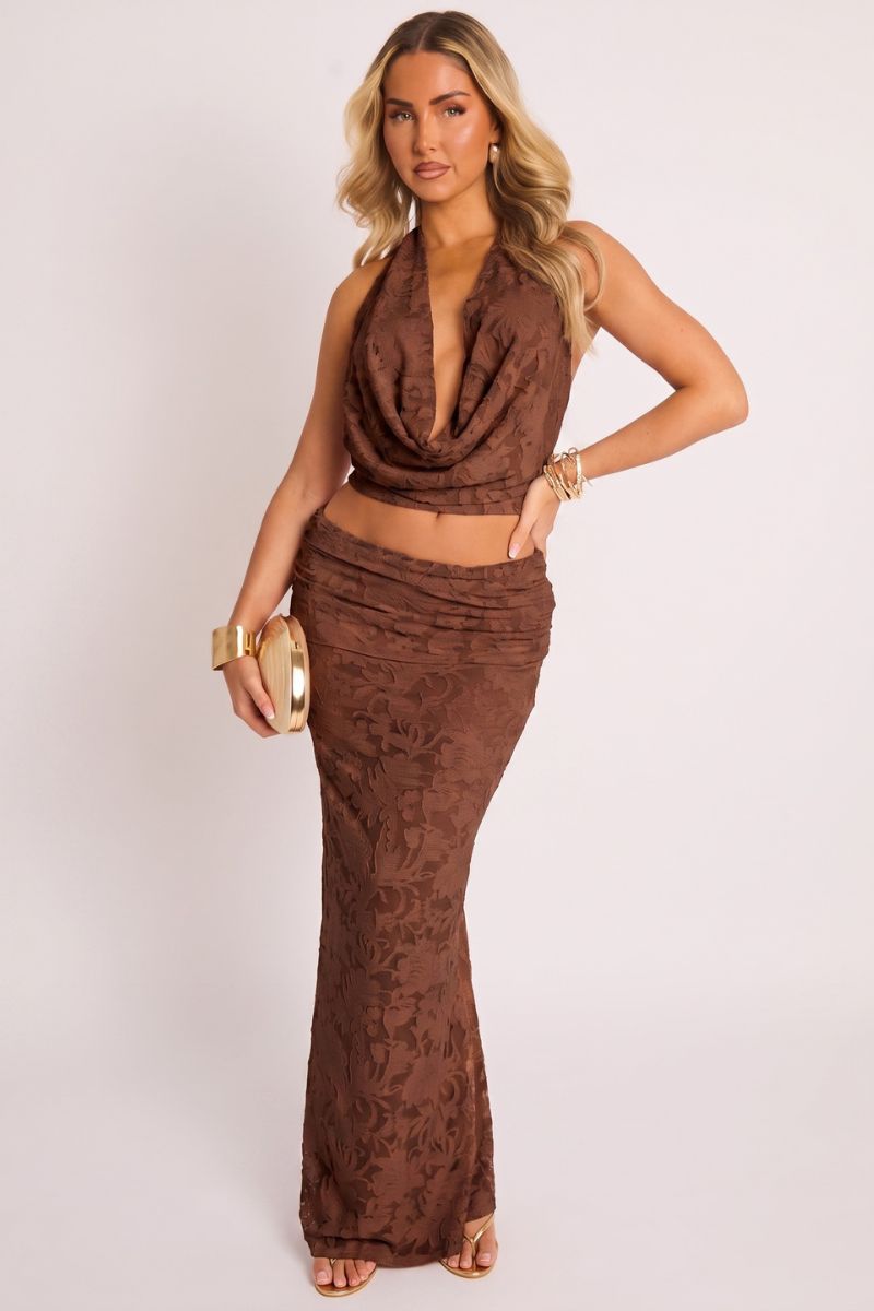 Women's Burnout Floral Co-ord Set | Elegant Cowl Halterneck Top & Maxi Skirt for Summer 0