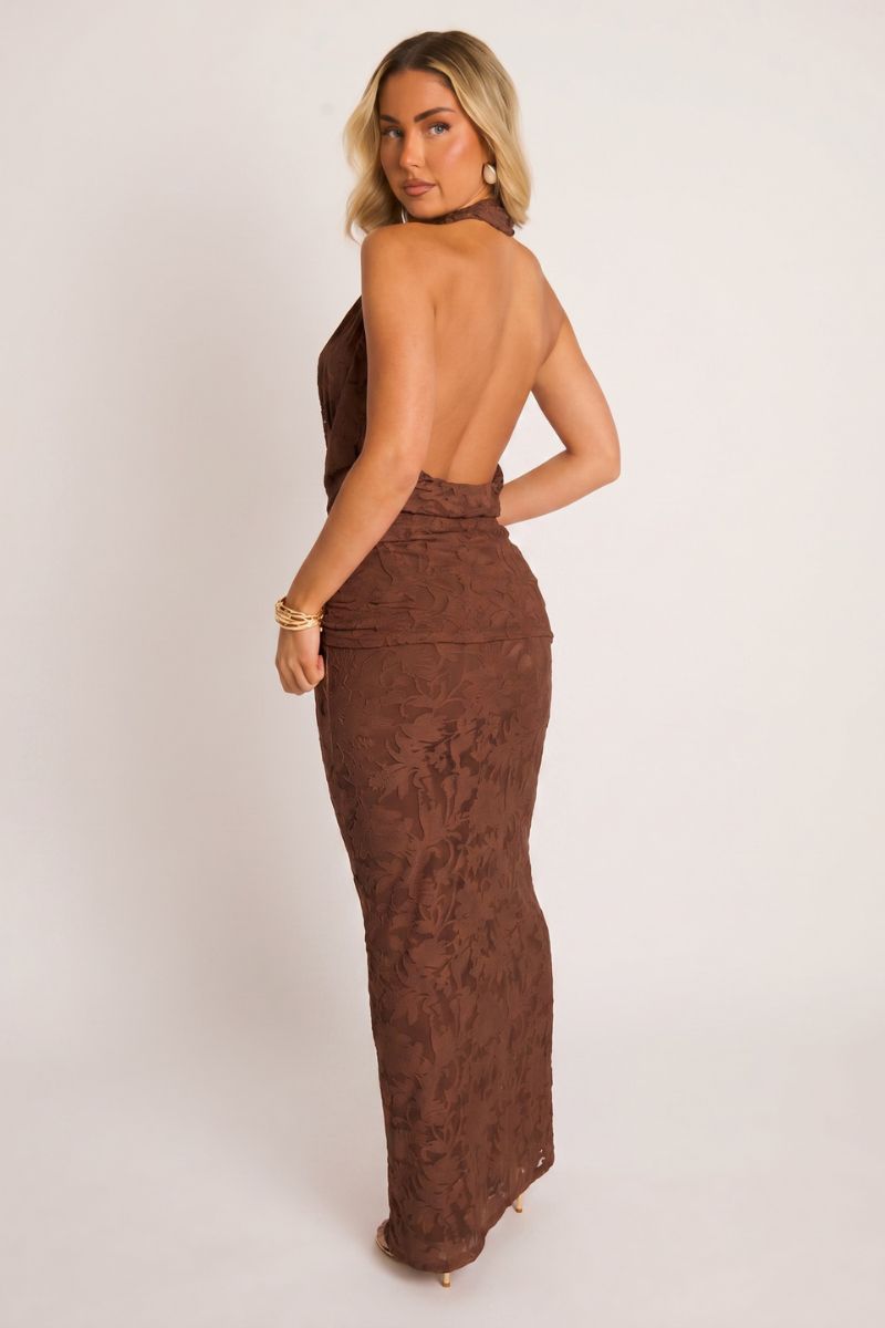 Women's Burnout Floral Co-ord Set | Elegant Cowl Halterneck Top & Maxi Skirt for Summer 3