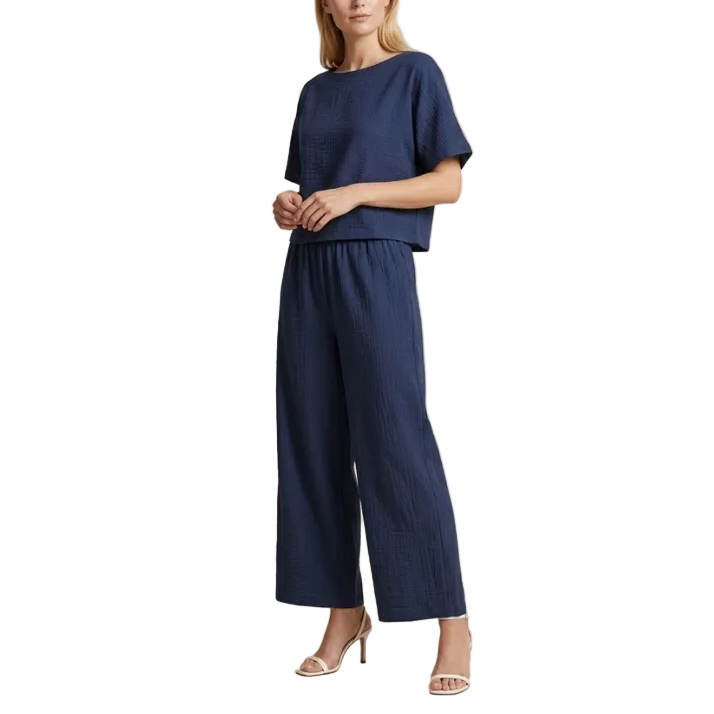 Women's Casual Cotton Two-Piece Co-ord Set | Relaxed Fit Short Sleeve Top and Wide-Leg Trousers 0
