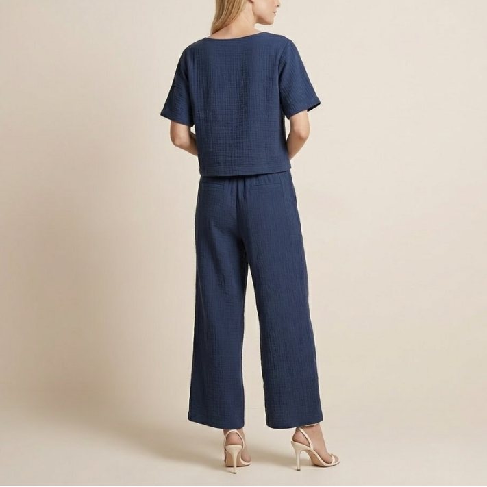 Women's Casual Cotton Two-Piece Co-ord Set | Relaxed Fit Short Sleeve Top and Wide-Leg Trousers 1