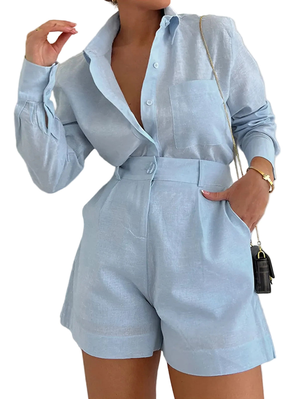 Women's Cotton Blend Long Sleeve Shirt Set | Stylish Casual Outfit for Summer 0