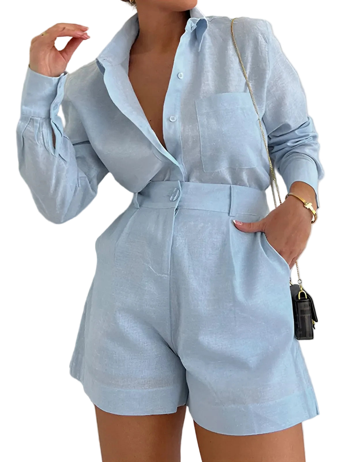 Women's Cotton Blend Long Sleeve Shirt Set | Stylish Casual Outfit for Summer 0