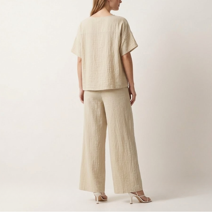Women's Cotton Co-ord Set | Relaxed Fit Two-Piece Wide-Leg Trousers and Top 1