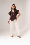 Women's Cream Denim Wide Leg Jeans | Stylish High Waist Turn-Up Pants 0
