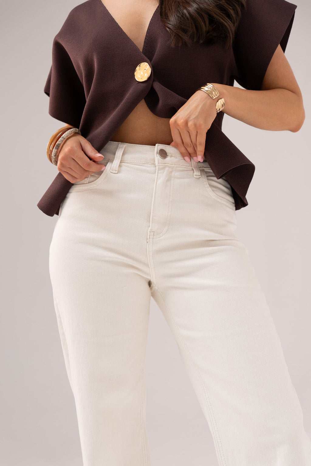 Women's Cream Denim Wide Leg Jeans | Stylish High Waist Turn-Up Pants 2