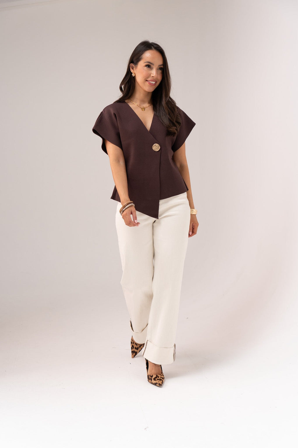 Women's Cream Denim Wide Leg Jeans | Stylish High Waist Turn-Up Pants 4