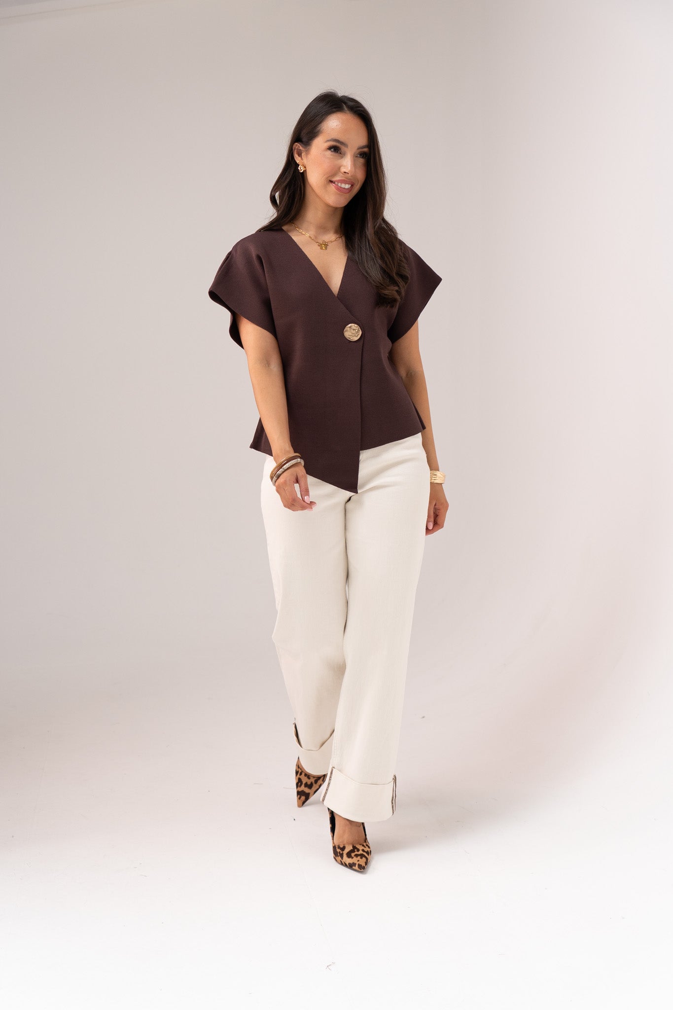 Women's Cream Denim Wide Leg Jeans | Stylish High Waist Turn-Up Pants 4