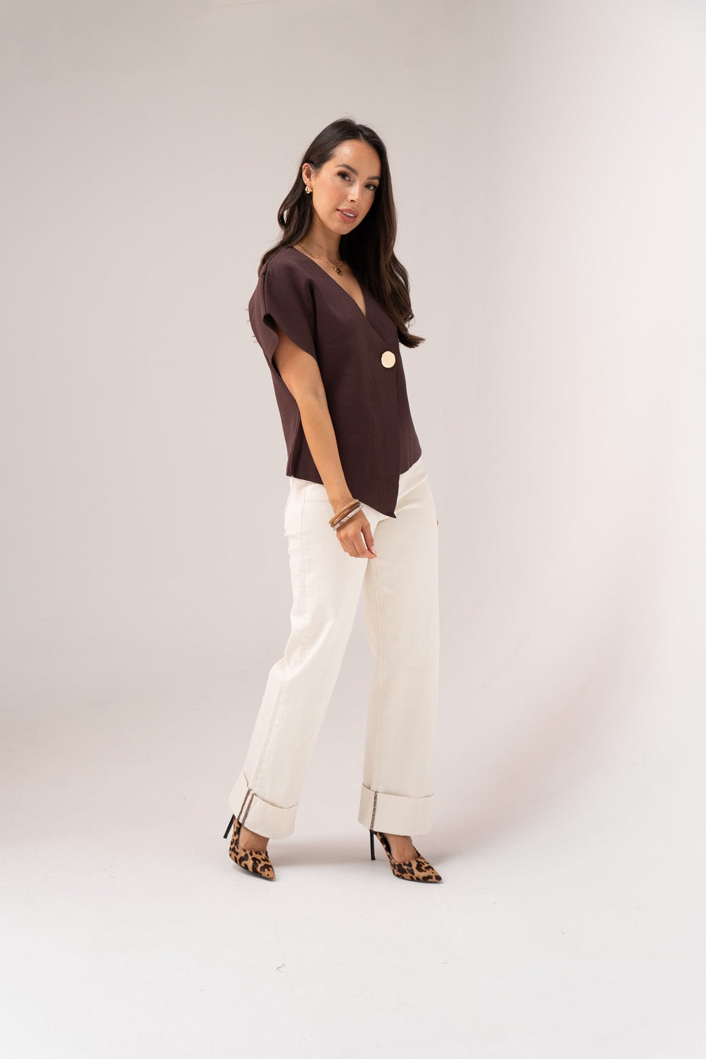 Women's Cream Denim Wide Leg Jeans | Stylish High Waist Turn-Up Pants 5