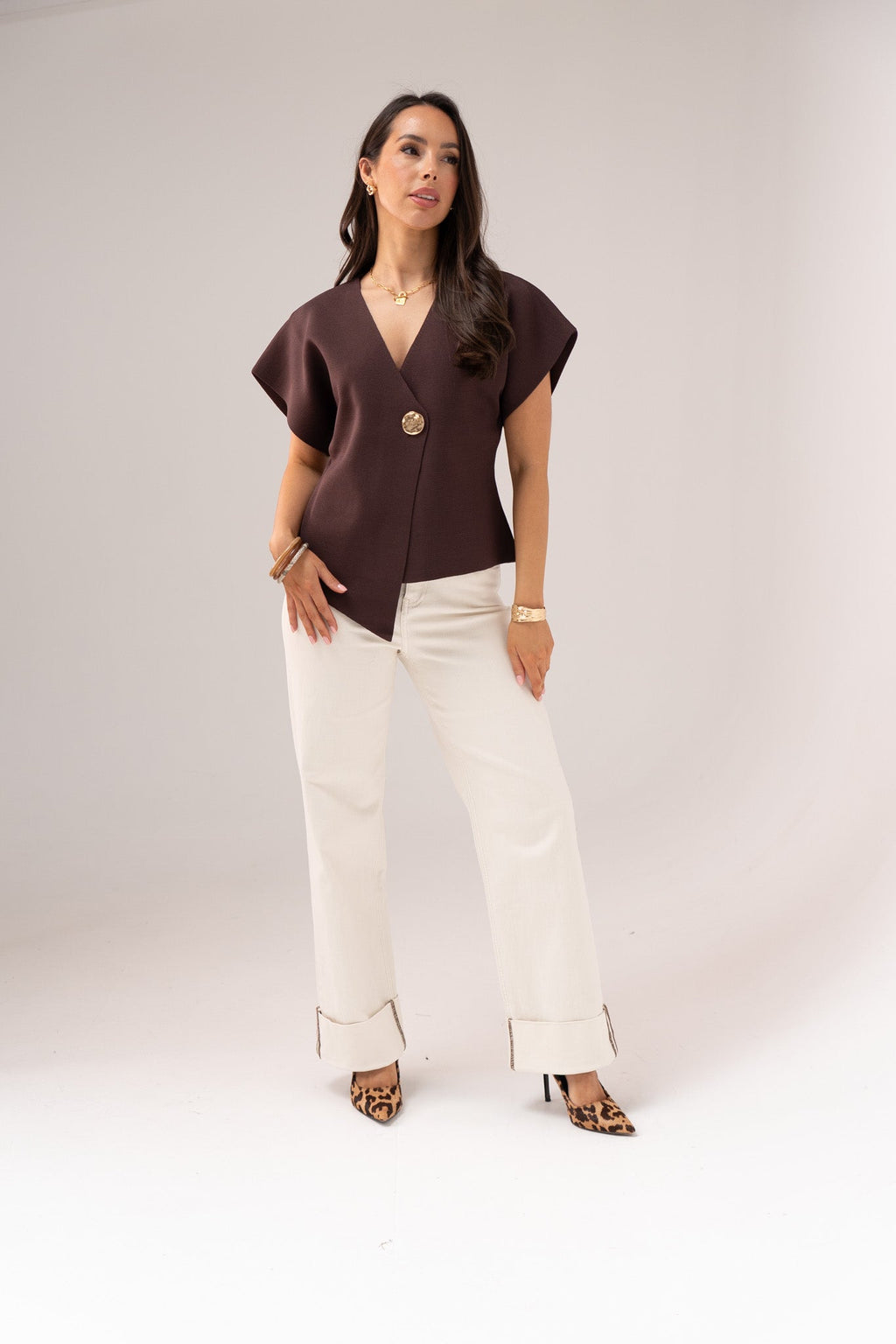Women's Cream Denim Wide Leg Jeans | Stylish High Waist Turn-Up Pants 6