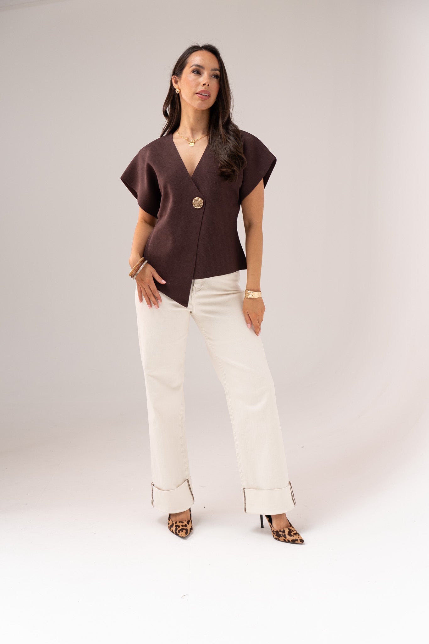 Women's Cream Denim Wide Leg Jeans | Stylish High Waist Turn-Up Pants 6