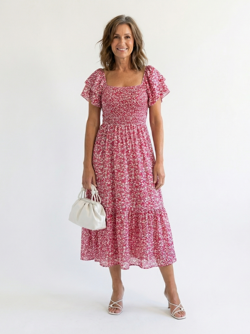 Women's Floral Cotton Midi Dress | Elegant Tiered Summer Dress with Flutter Sleeves 0