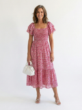 Women's Floral Cotton Midi Dress | Elegant Tiered Summer Dress with Flutter Sleeves 0