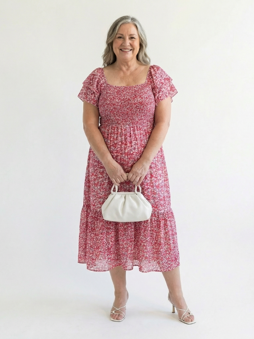 Women's Floral Cotton Midi Dress | Elegant Tiered Summer Dress with Flutter Sleeves 2