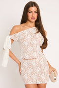 Women's Floral Lace Two Piece Set | Elegant Tie Shoulder Top and Mini Skirt 0