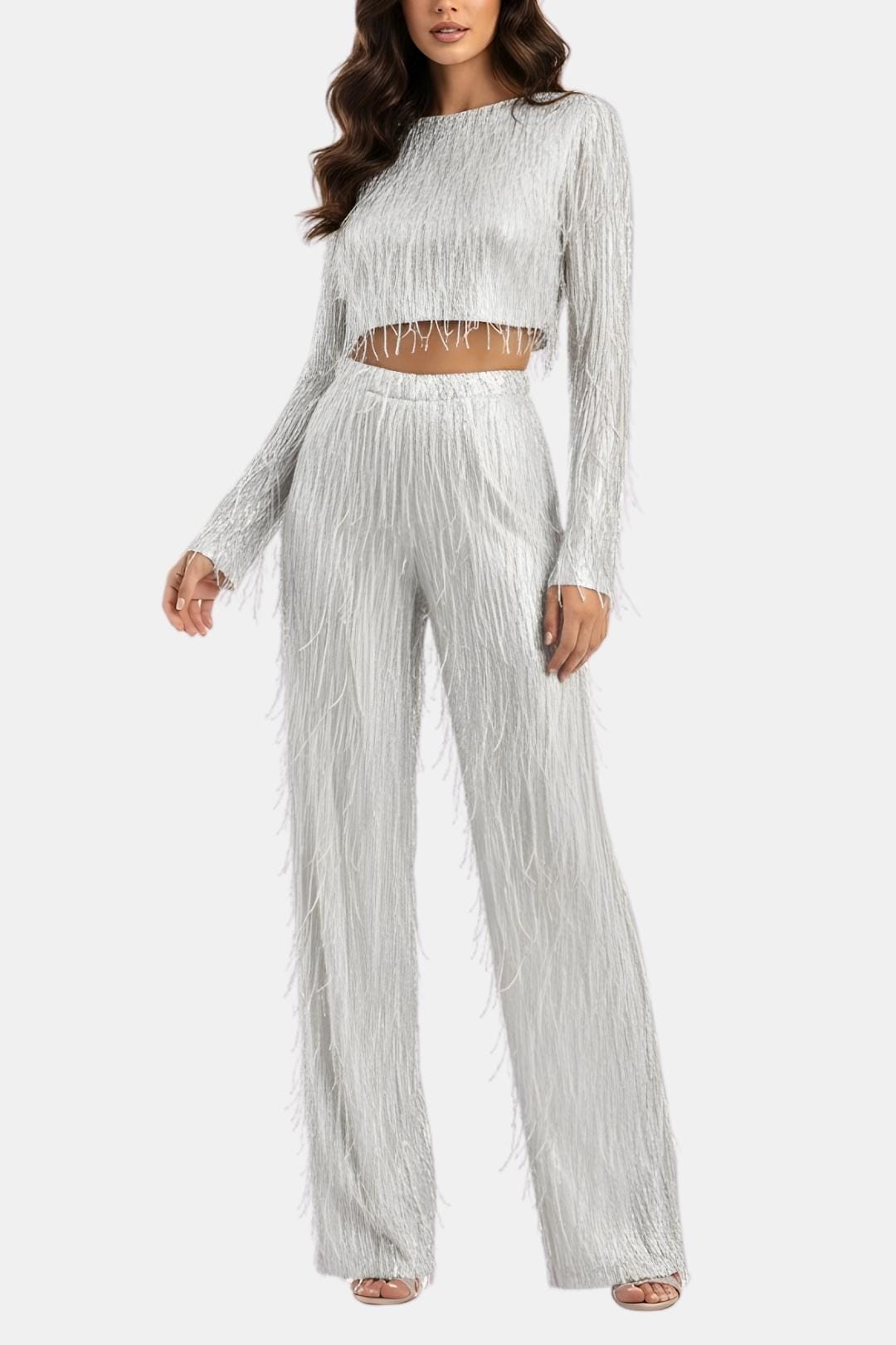 Women's Fringe Loungewear Set | Stylish Cropped Top and Straight Leg Trousers 1