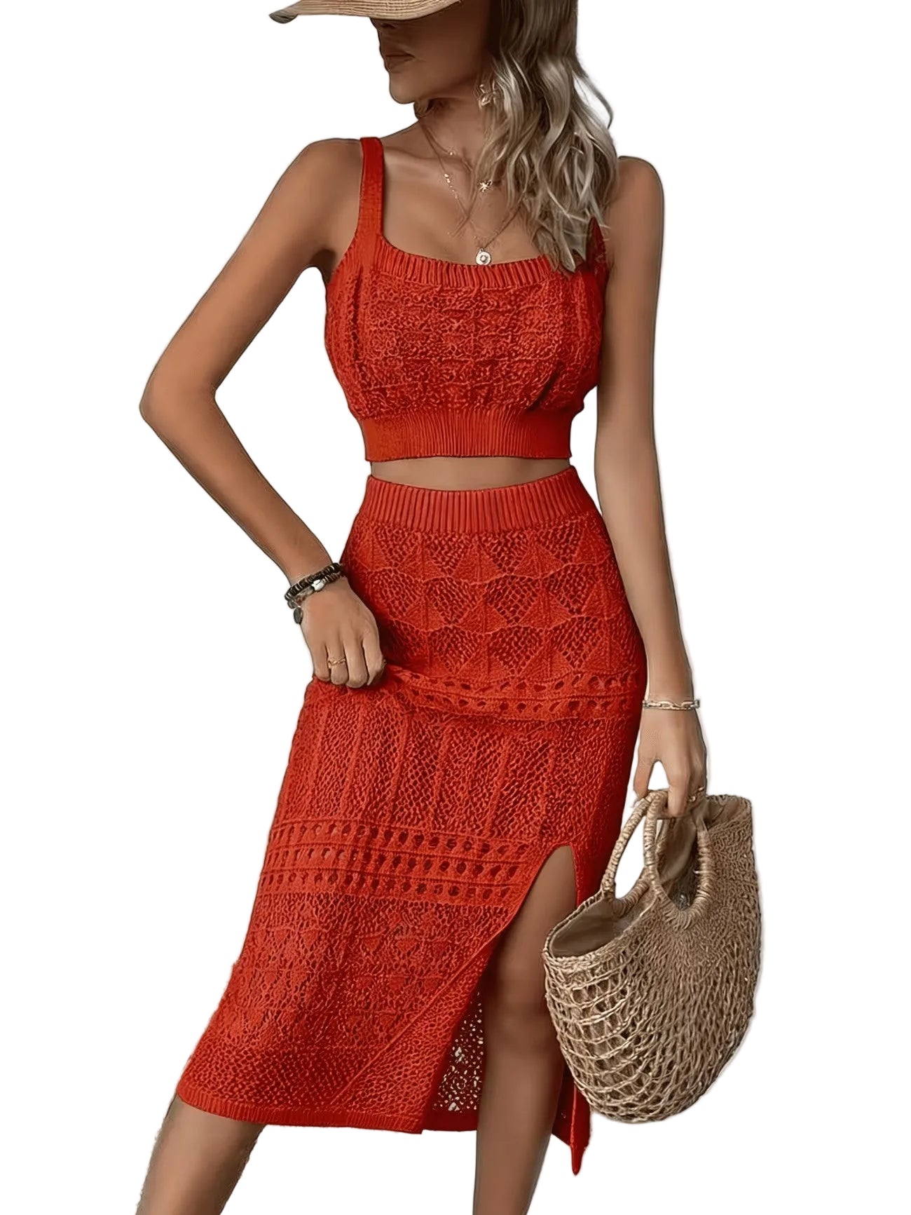 Women's Knitted Two Piece Set | Fitted Crop Top and High-Waisted Midi Skirt | Stylish Co Ord Set 0