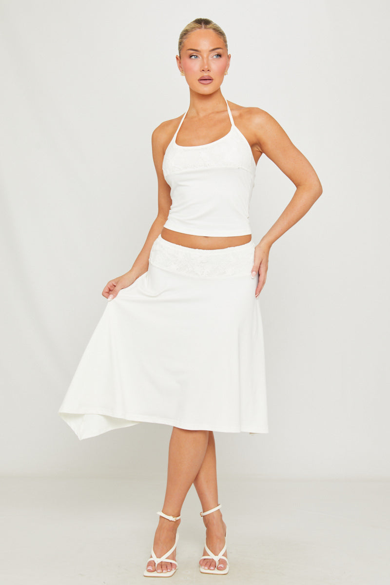 Women's Lace Embroidered Co-Ord Set | Elegant Halter Top and Midi Skirt for Summer 1