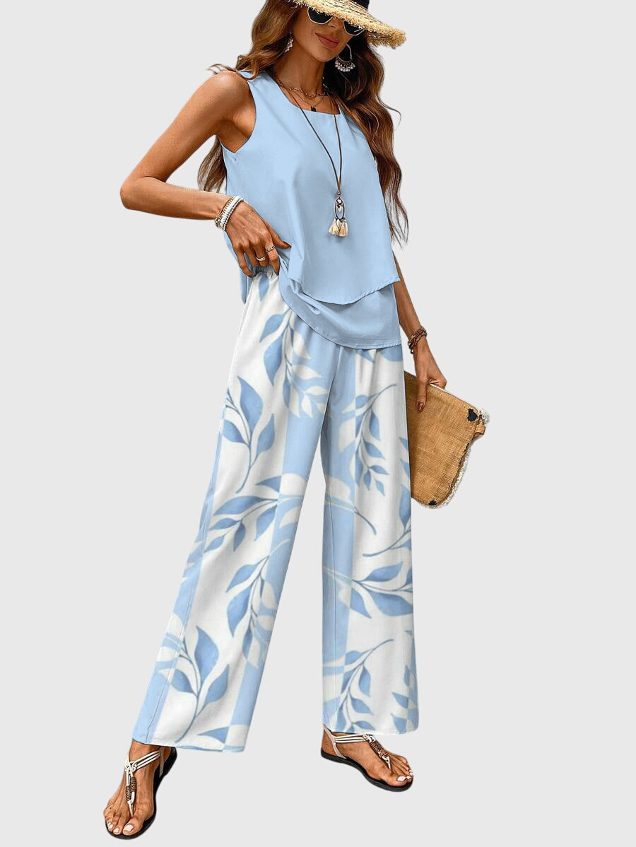 Women's Leaf Print Loungewear Set | Chic Sleeveless Top and Wide-Leg Pants 1