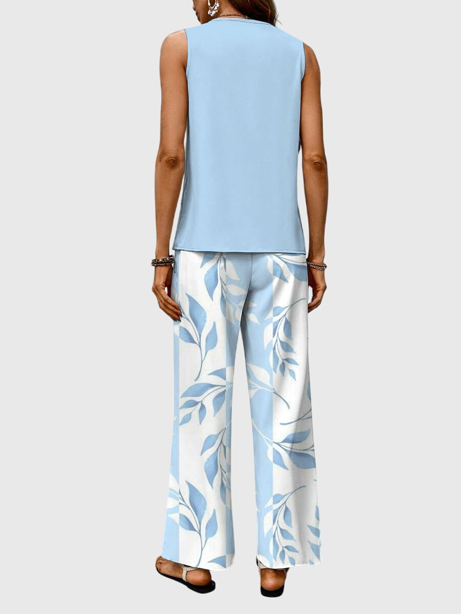 Women's Leaf Print Loungewear Set | Chic Sleeveless Top and Wide-Leg Pants 2
