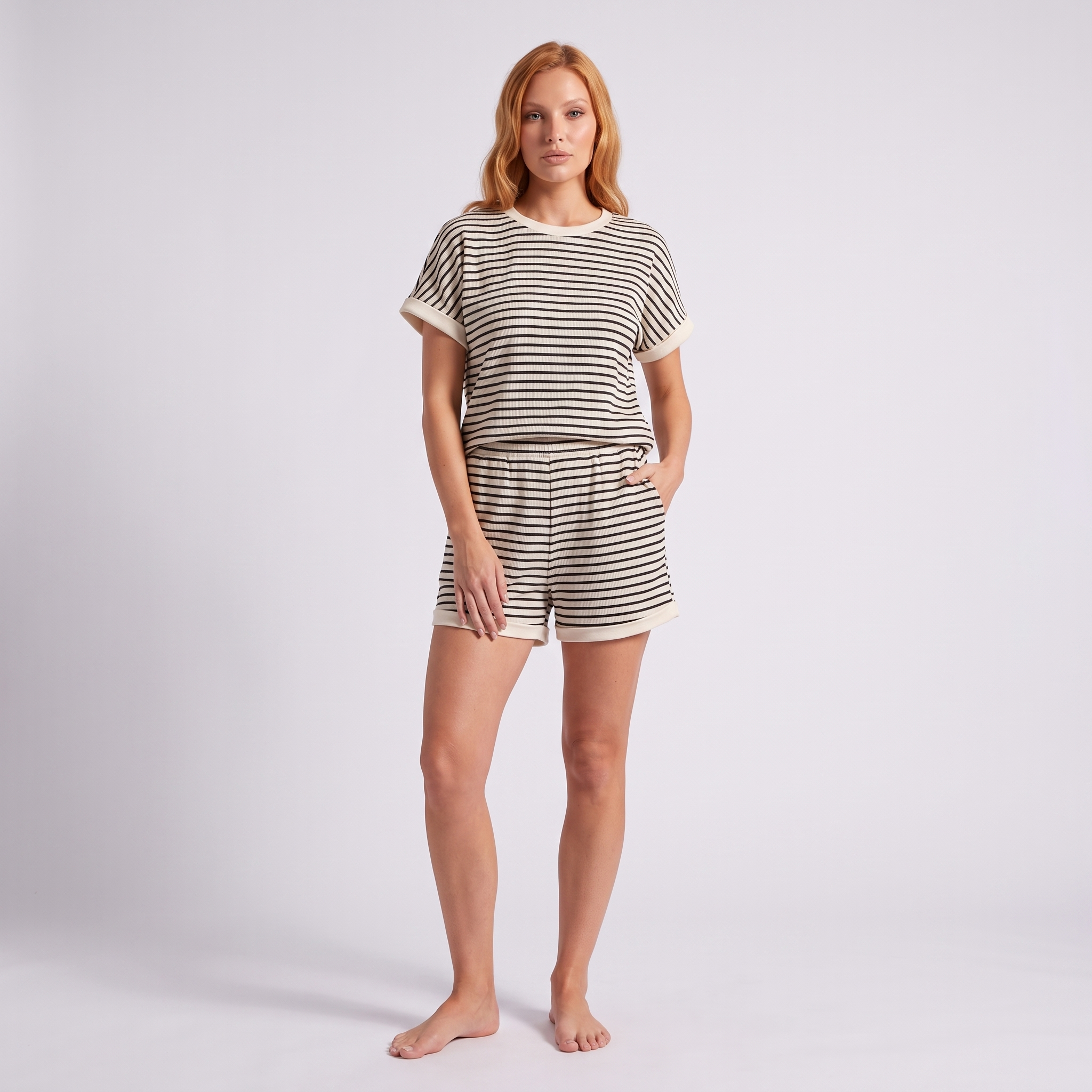 Women's Lightweight Knit Co-Ord Set | Relaxed Striped Short-Sleeve Top & Shorts 0