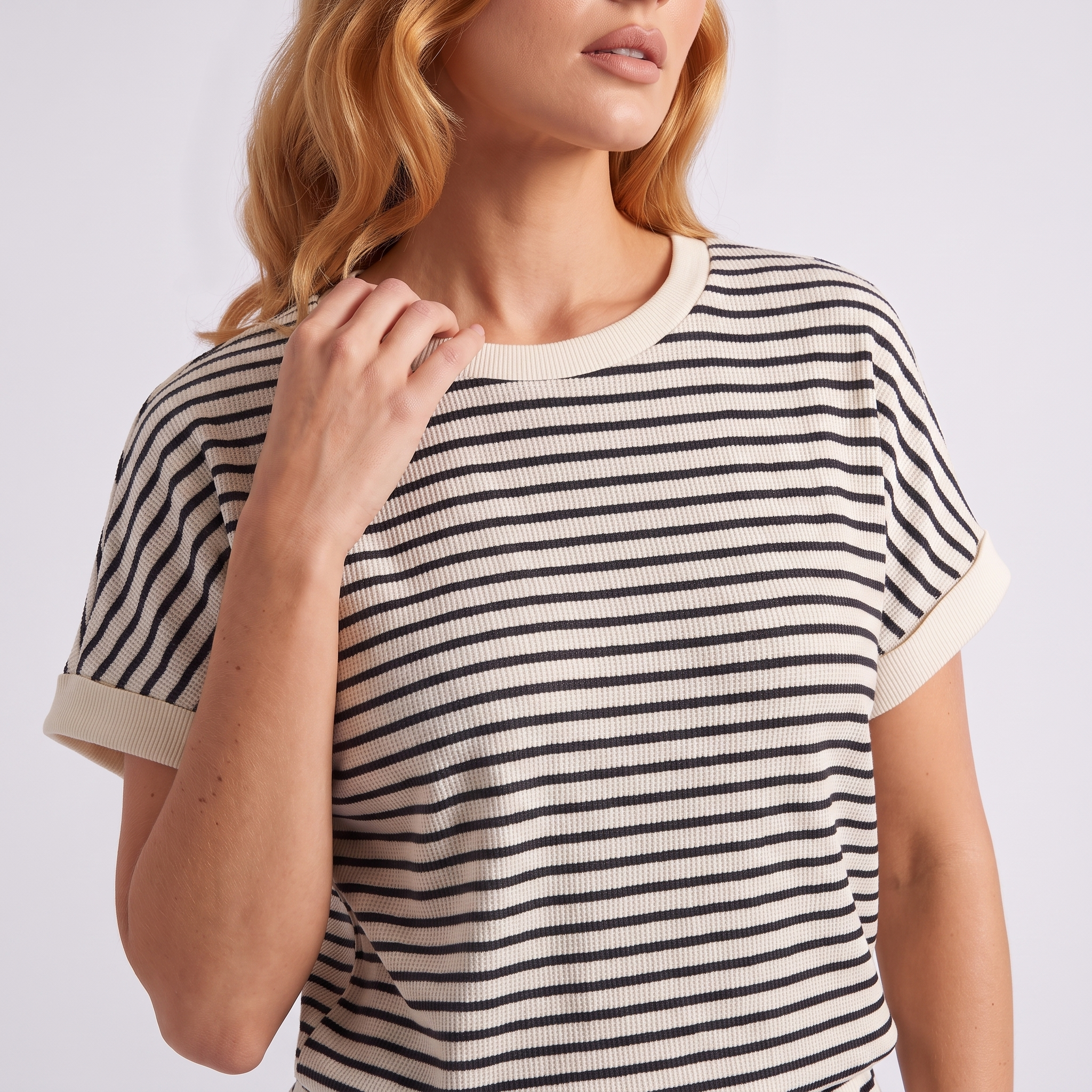 Women's Lightweight Knit Co-Ord Set | Relaxed Striped Short-Sleeve Top & Shorts 1