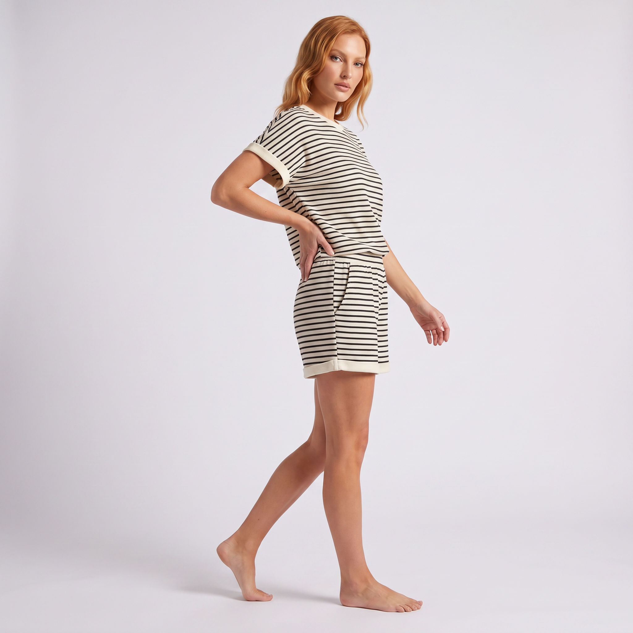 Women's Lightweight Knit Co-Ord Set | Relaxed Striped Short-Sleeve Top & Shorts 3
