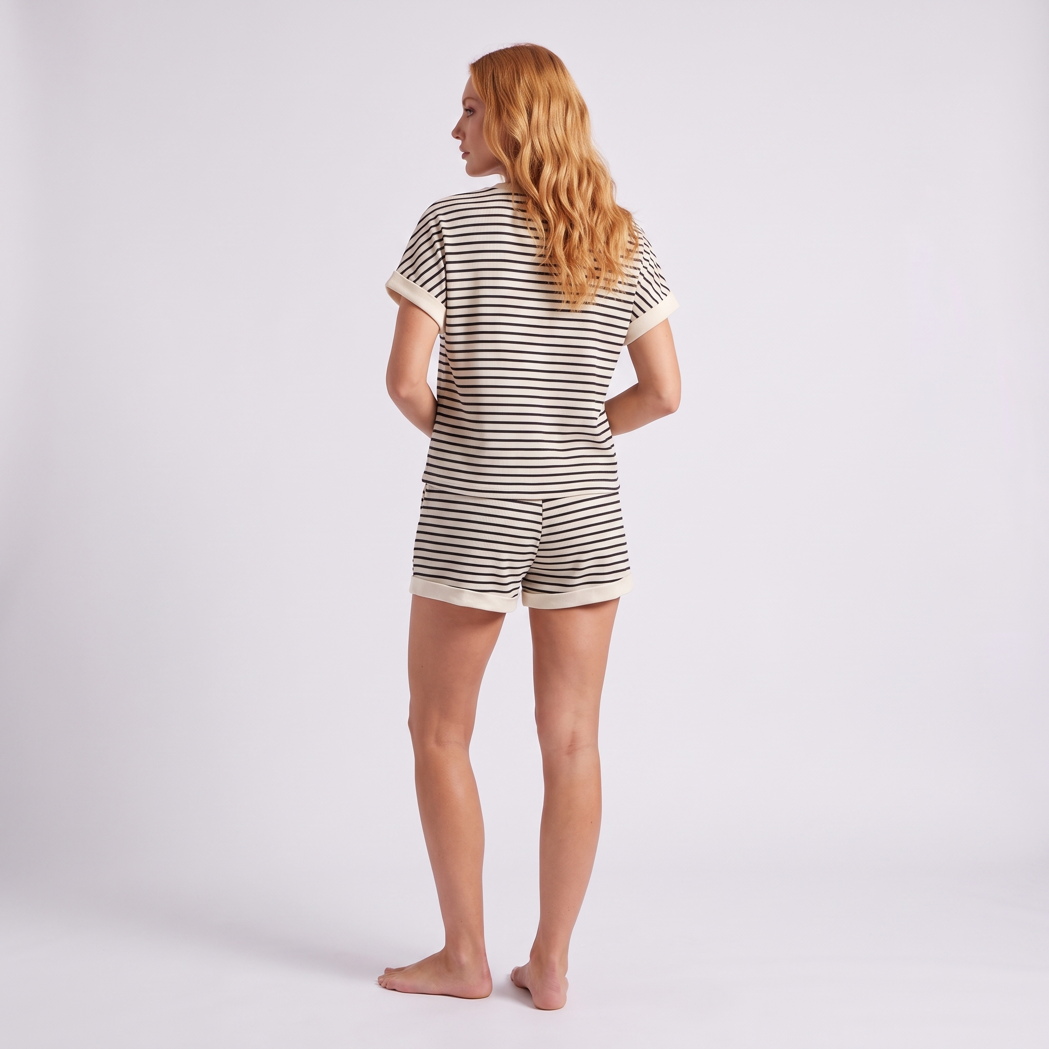 Women's Lightweight Knit Co-Ord Set | Relaxed Striped Short-Sleeve Top & Shorts 4