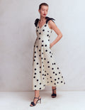 Women's Lightweight Polka Dot Linen Dress | Elegant Empire Line Summer Dress with Detachable Shoulder Bows 0