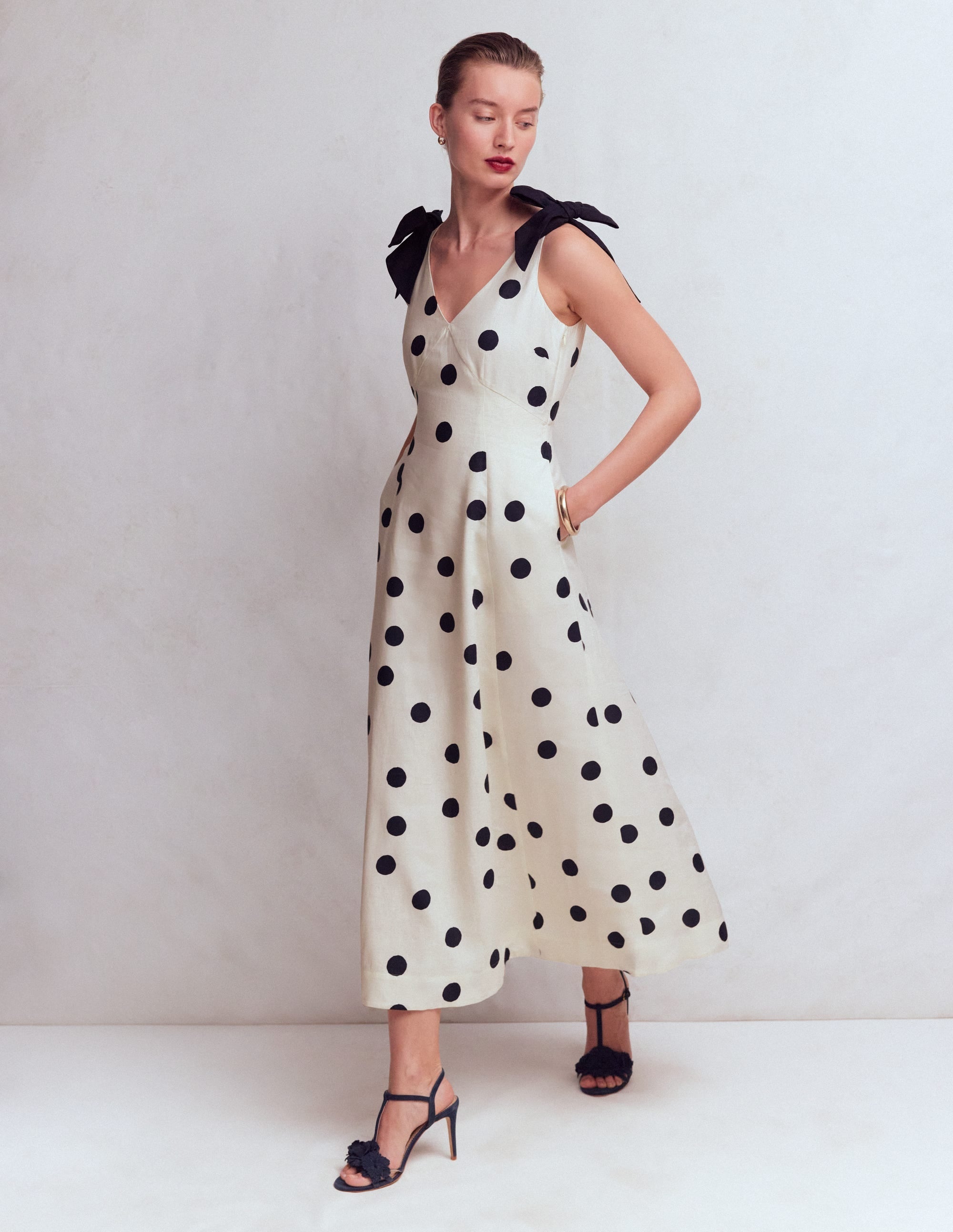 Women's Lightweight Polka Dot Linen Dress | Elegant Empire Line Summer Dress with Detachable Shoulder Bows 0