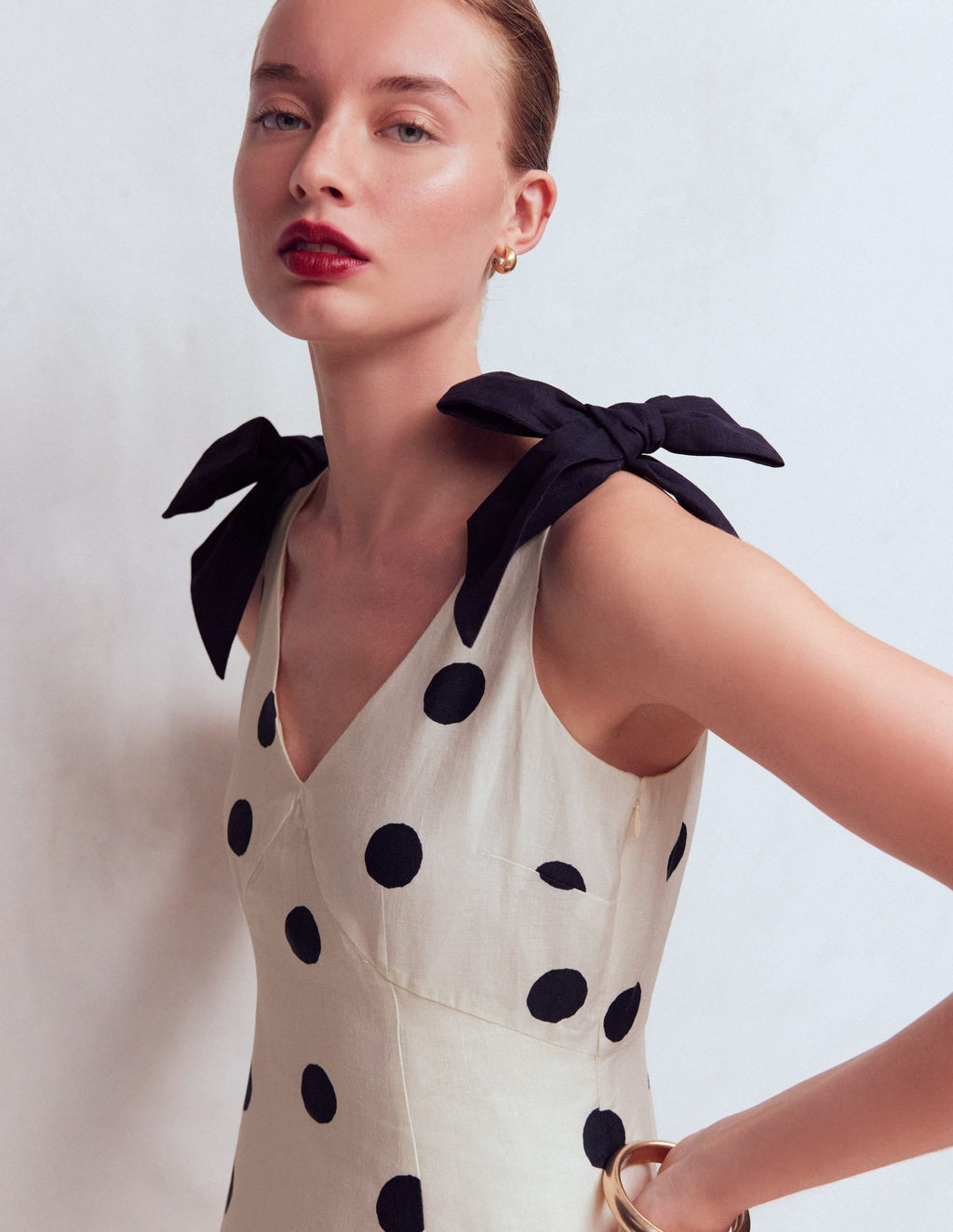 Women's Lightweight Polka Dot Linen Dress | Elegant Empire Line Summer Dress with Detachable Shoulder Bows 1