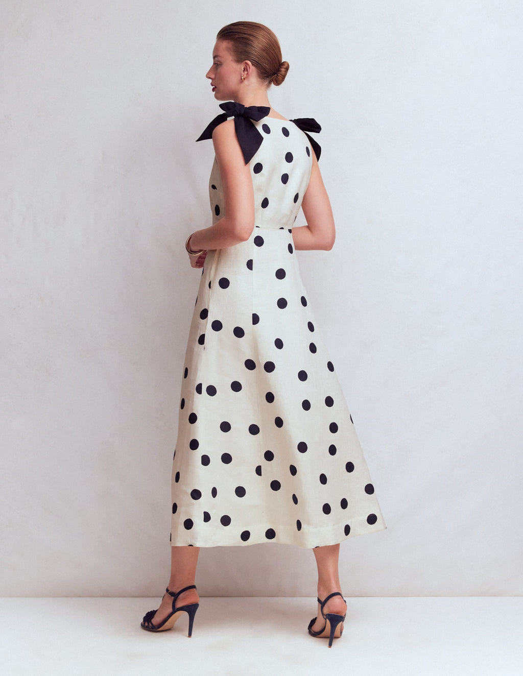 Women's Lightweight Polka Dot Linen Dress | Elegant Empire Line Summer Dress with Detachable Shoulder Bows 2