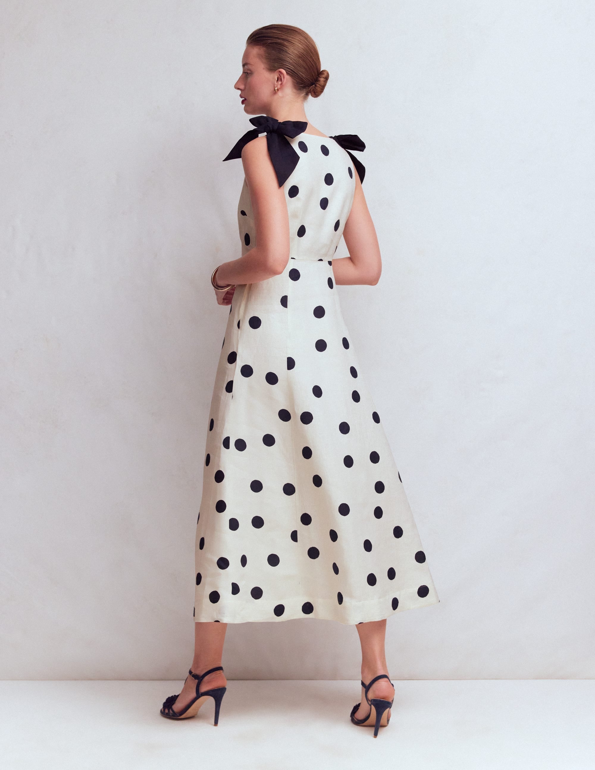 Women's Lightweight Polka Dot Linen Dress | Elegant Empire Line Summer Dress with Detachable Shoulder Bows 2