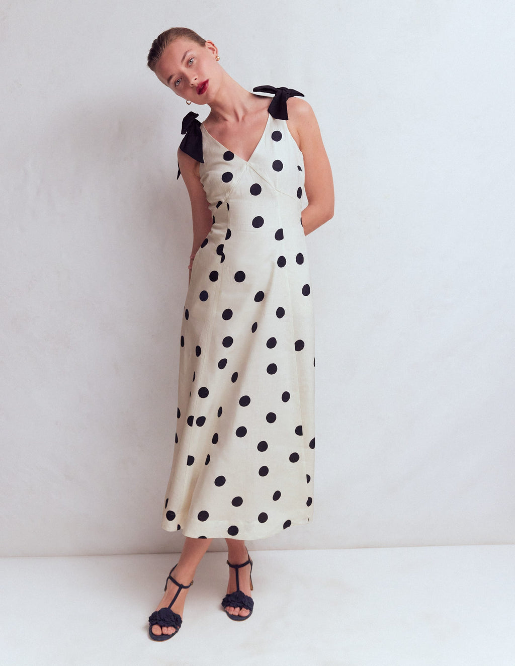 Women's Lightweight Polka Dot Linen Dress | Elegant Empire Line Summer Dress with Detachable Shoulder Bows 3