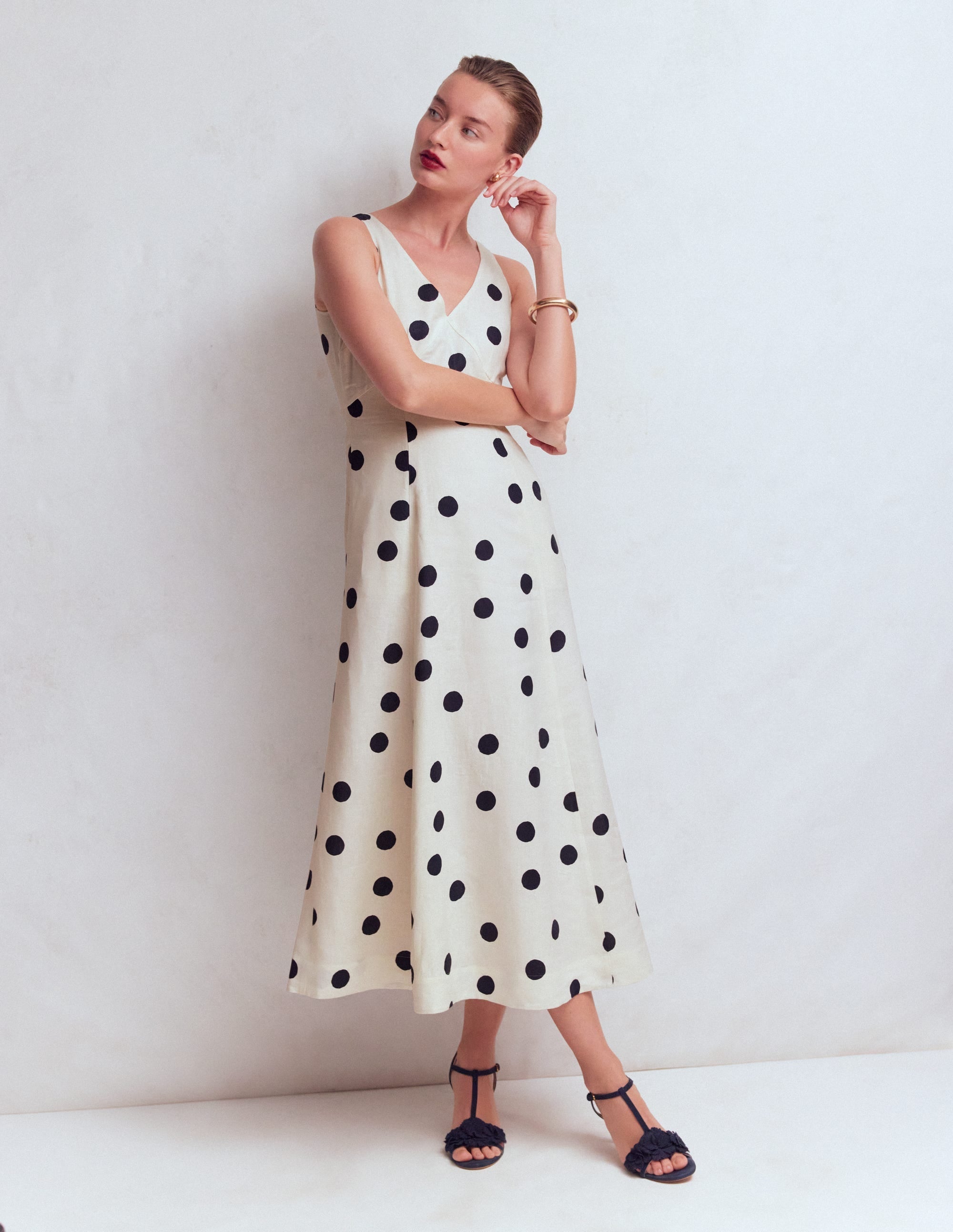 Women's Lightweight Polka Dot Linen Dress | Elegant Empire Line Summer Dress with Detachable Shoulder Bows 4