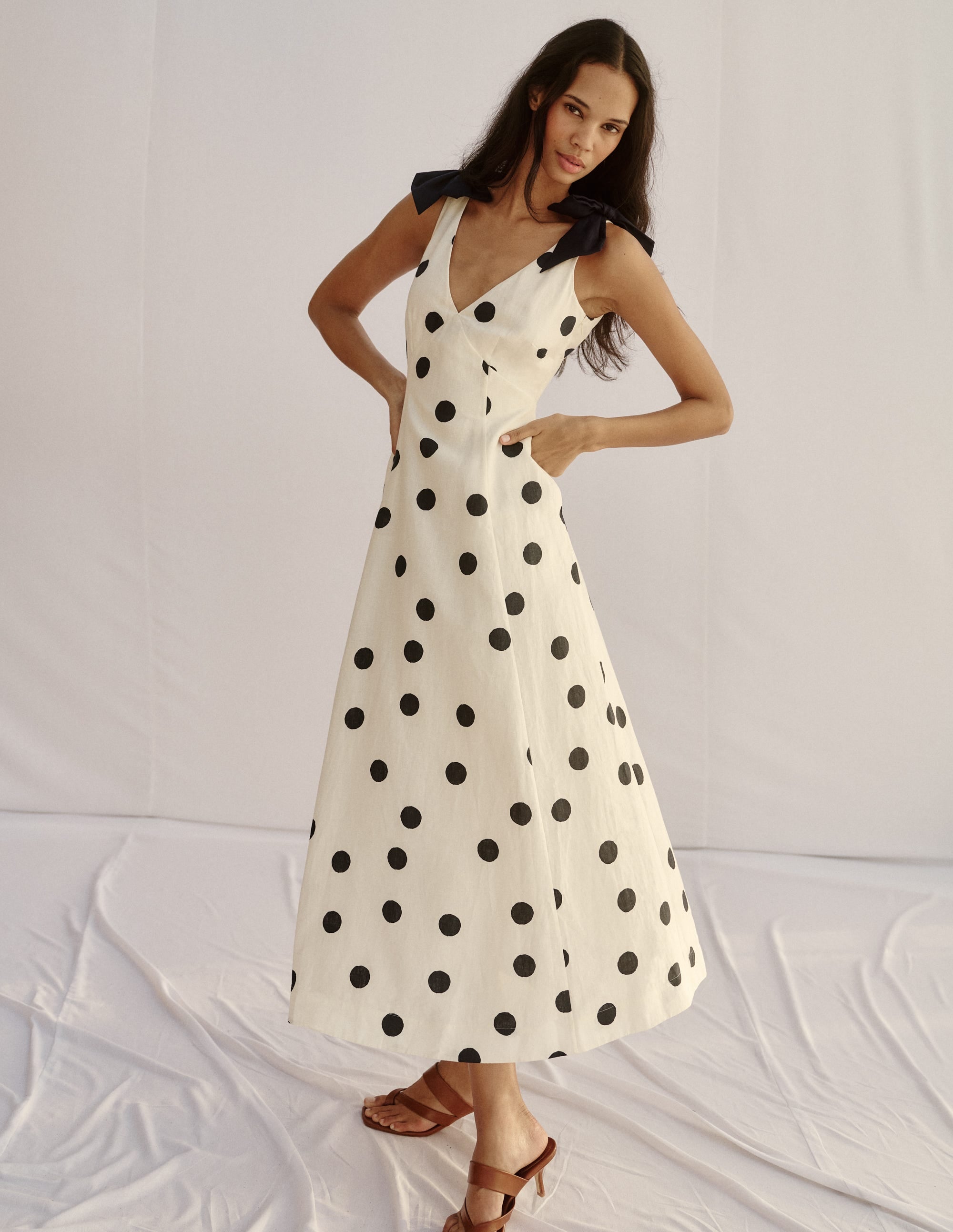 Women's Lightweight Polka Dot Linen Dress | Elegant Empire Line Summer Dress with Detachable Shoulder Bows 5