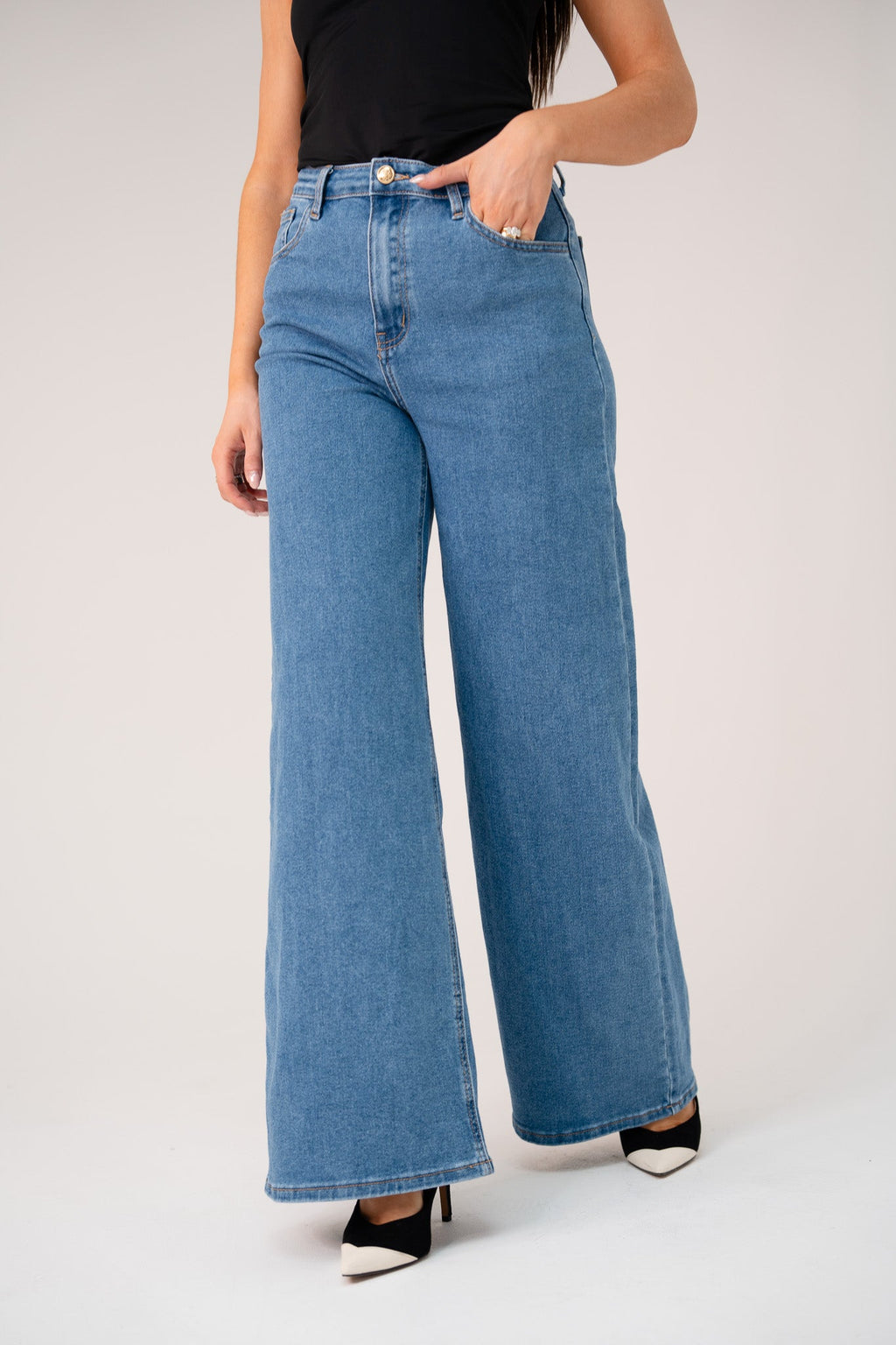 Women's Mid Wash Denim Jeans | High-Waisted Wide Leg Trousers for Everyday Wear 1