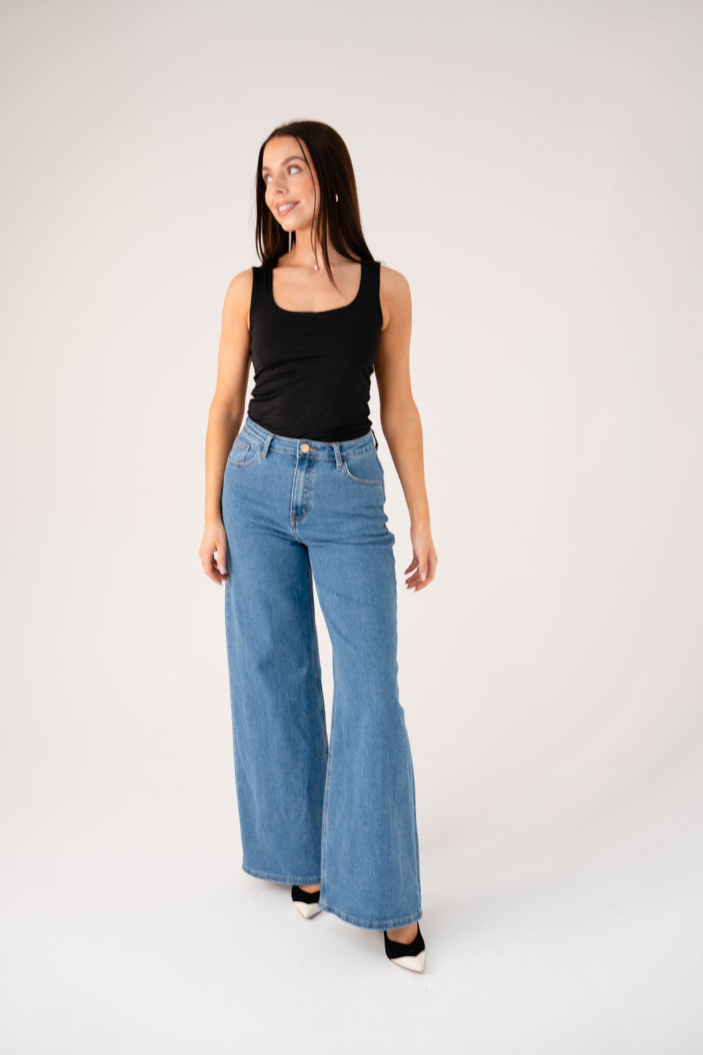 Women's Mid Wash Denim Jeans | High-Waisted Wide Leg Trousers for Everyday Wear 2