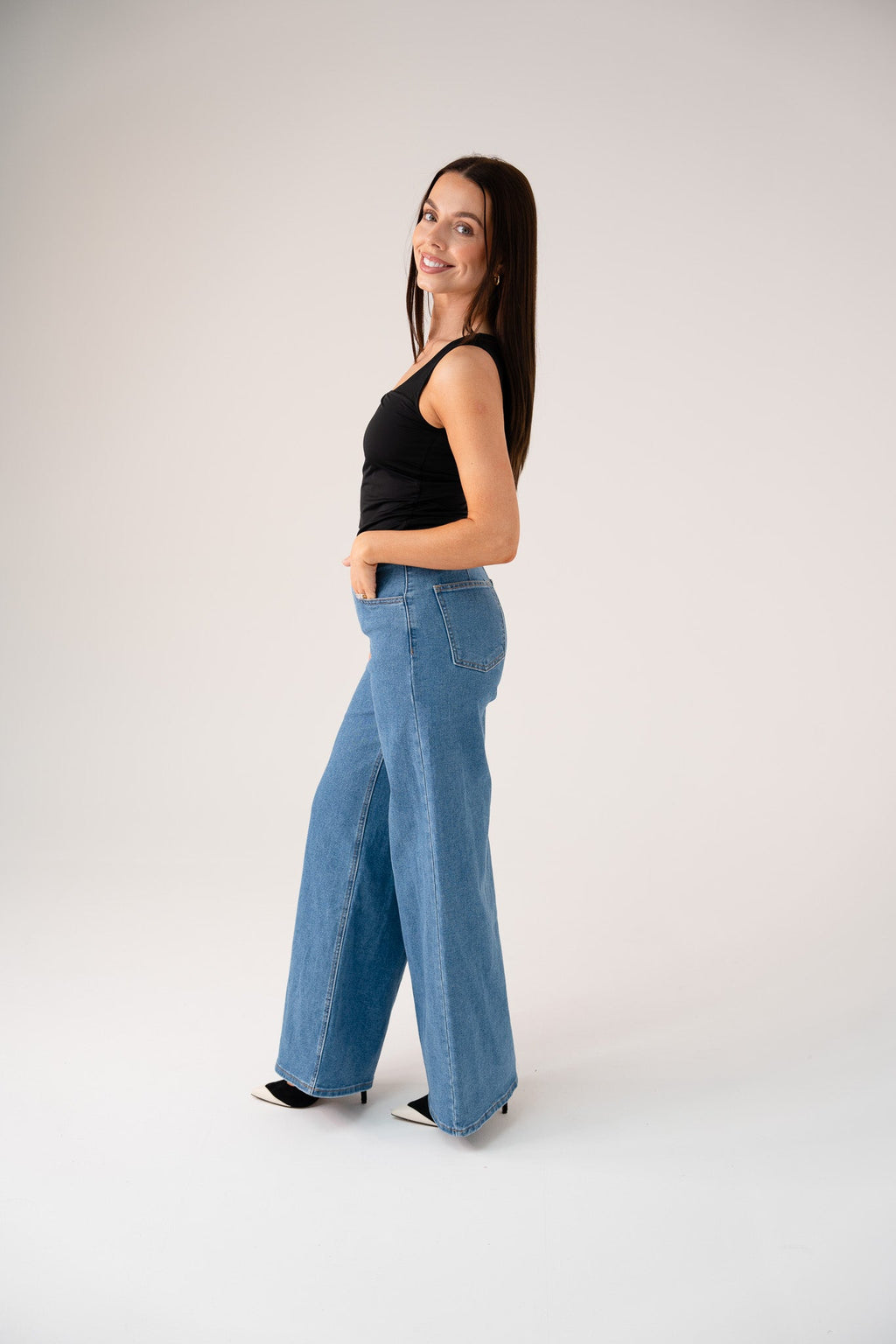 Women's Mid Wash Denim Jeans | High-Waisted Wide Leg Trousers for Everyday Wear 3