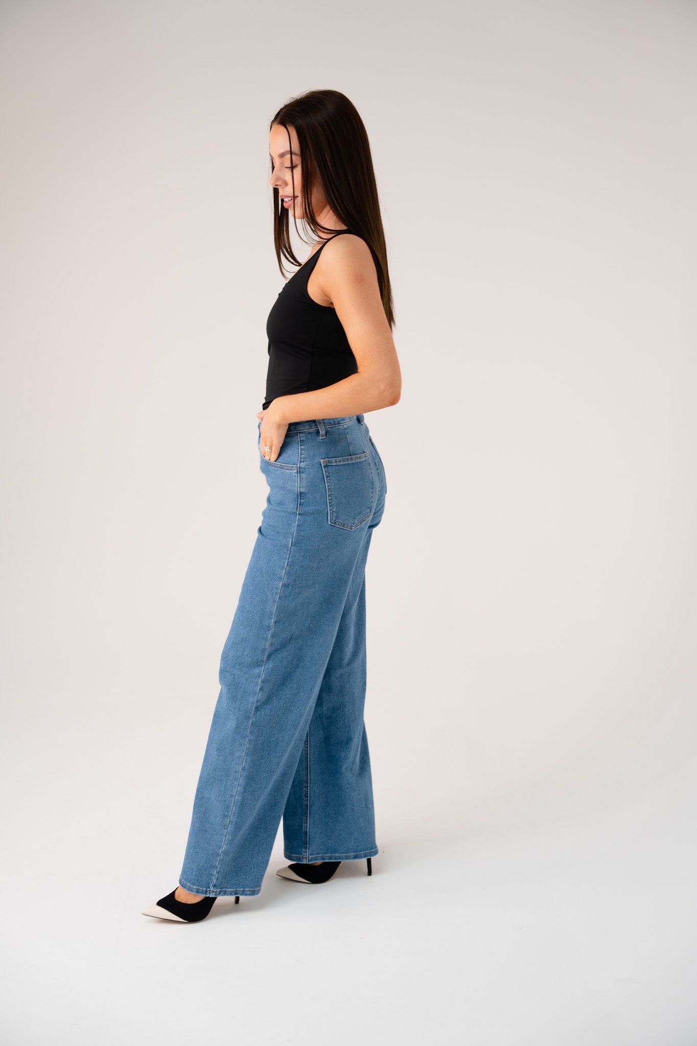 Women's Mid Wash Denim Jeans | High-Waisted Wide Leg Trousers for Everyday Wear 4