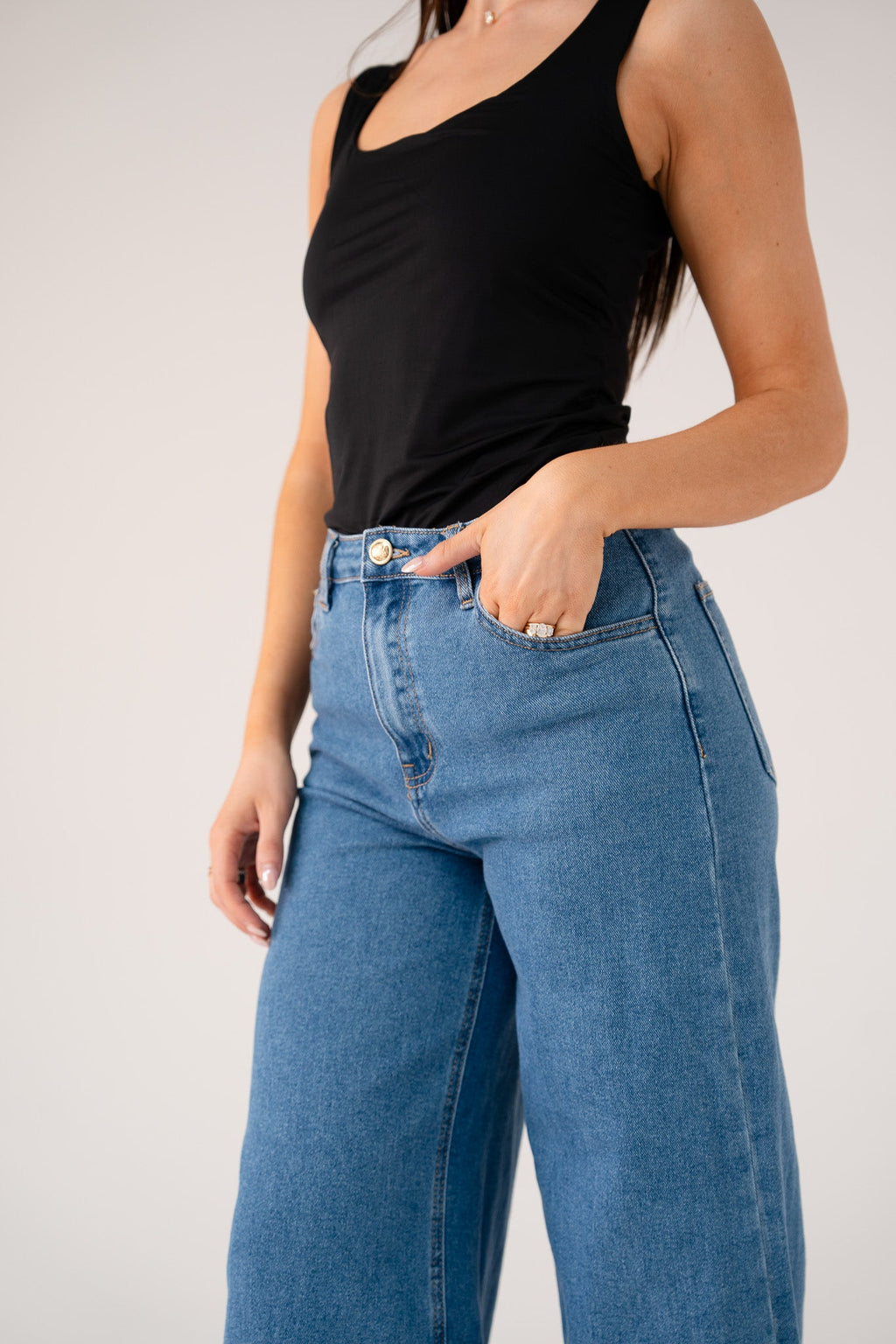 Women's Mid Wash Denim Jeans | High-Waisted Wide Leg Trousers for Everyday Wear 6