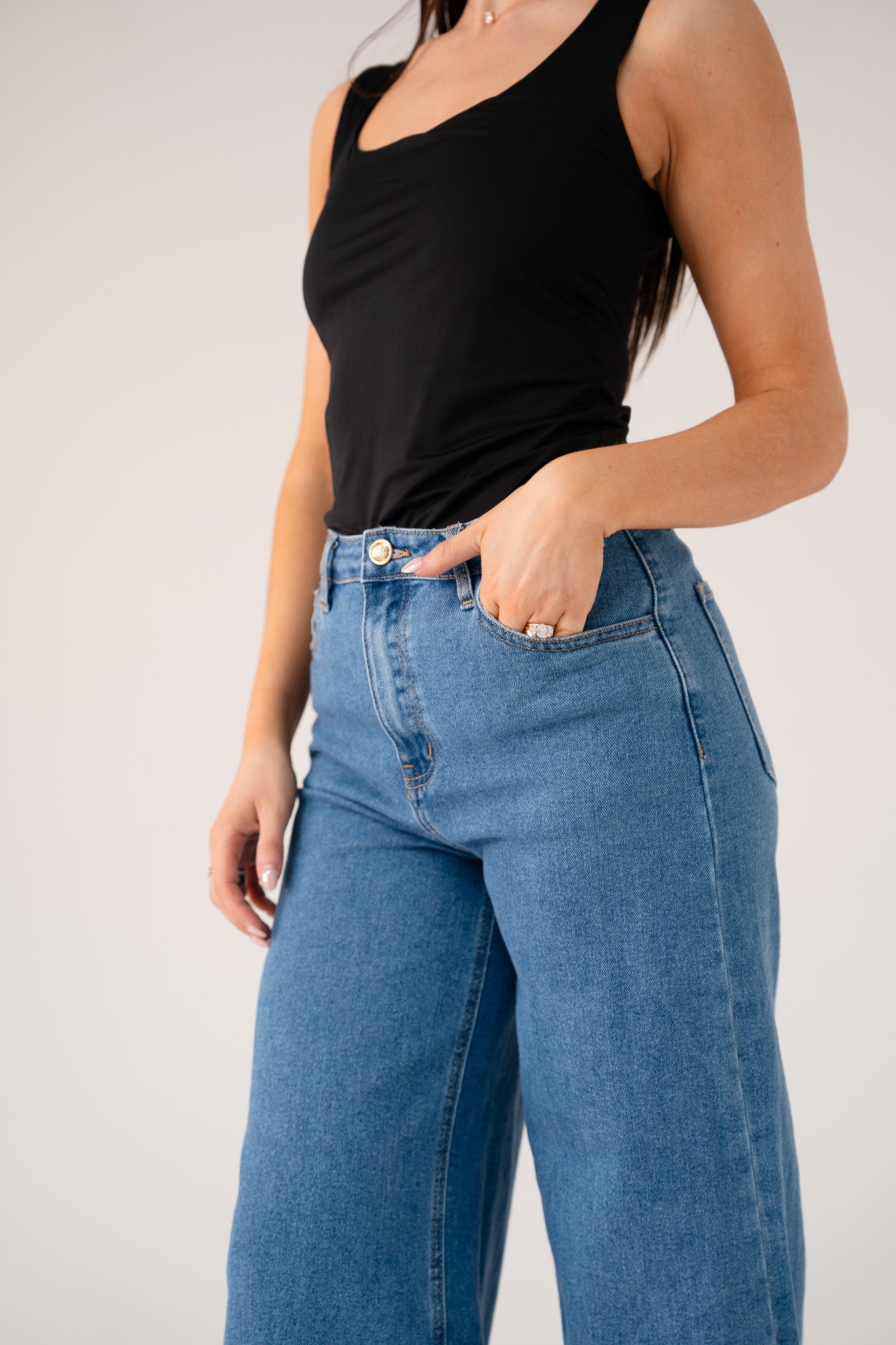 Women's Mid Wash Denim Jeans | High-Waisted Wide Leg Trousers for Everyday Wear 6