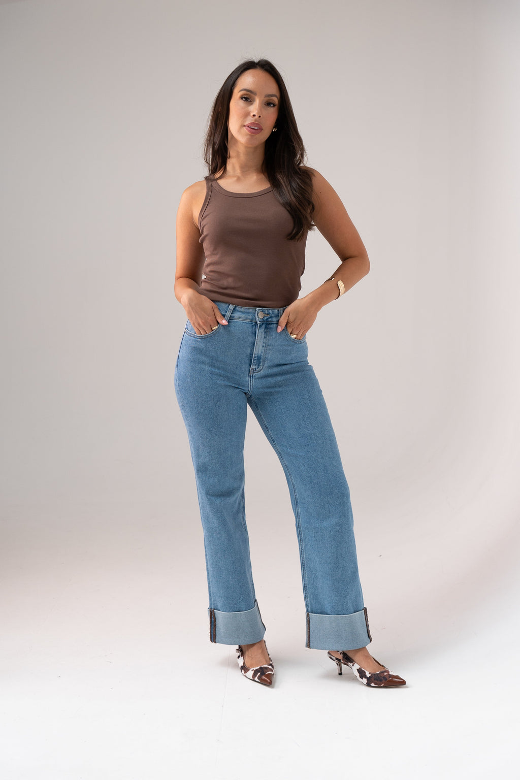 Women's Mid Wash Denim Wide Leg Jeans | Stylish High Waist Turn-Up Trousers 0