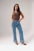 Women's Mid Wash Denim Wide Leg Jeans | Stylish High Waist Turn-Up Trousers 0