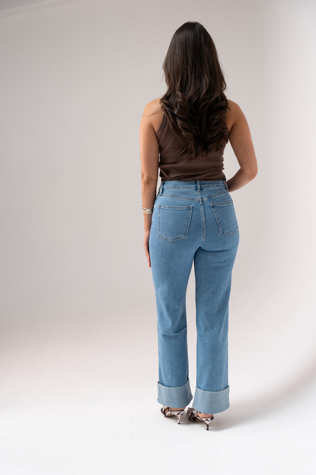 Women's Mid Wash Denim Wide Leg Jeans | Stylish High Waist Turn-Up Trousers 2