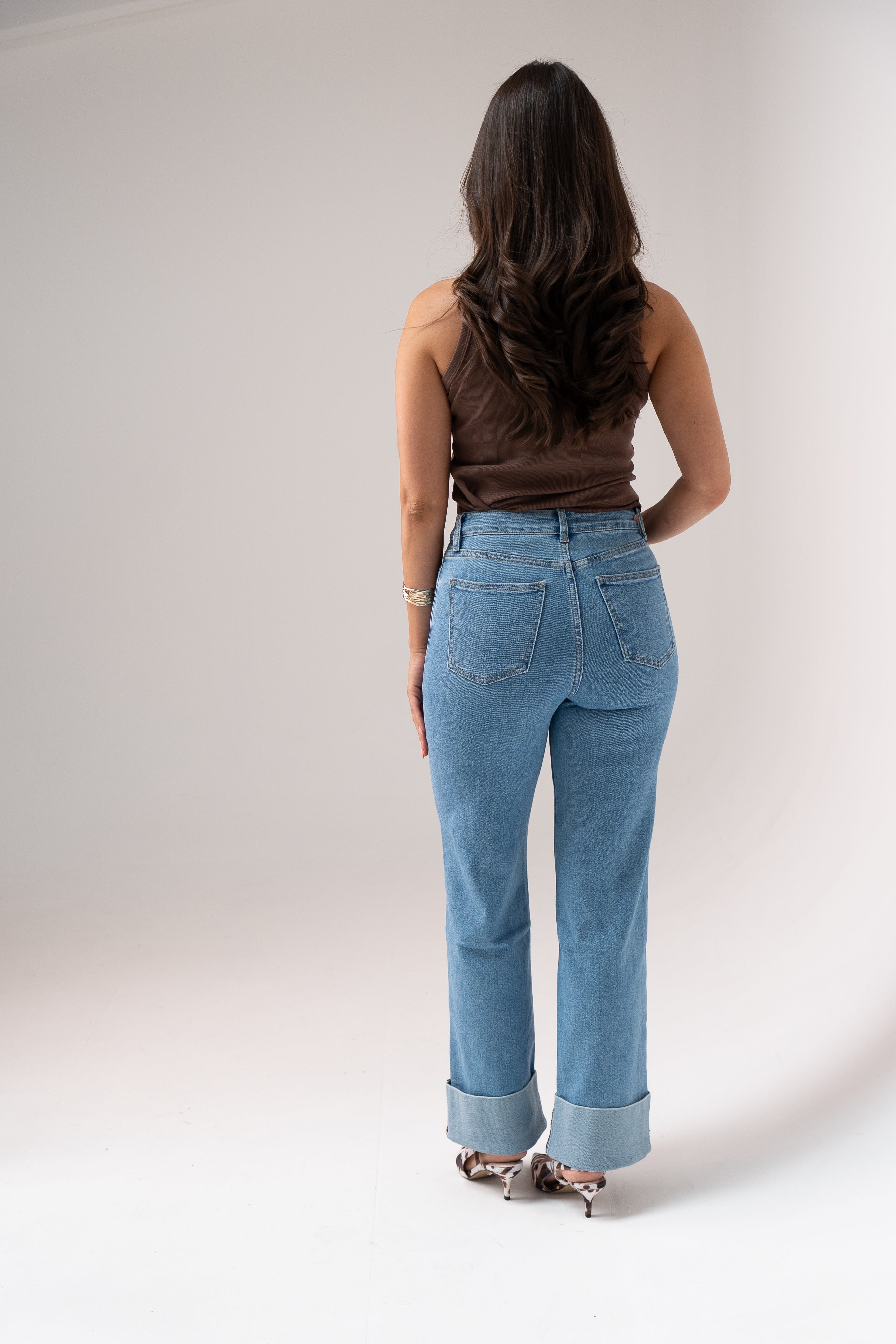 Women's Mid Wash Denim Wide Leg Jeans | Stylish High Waist Turn-Up Trousers 2