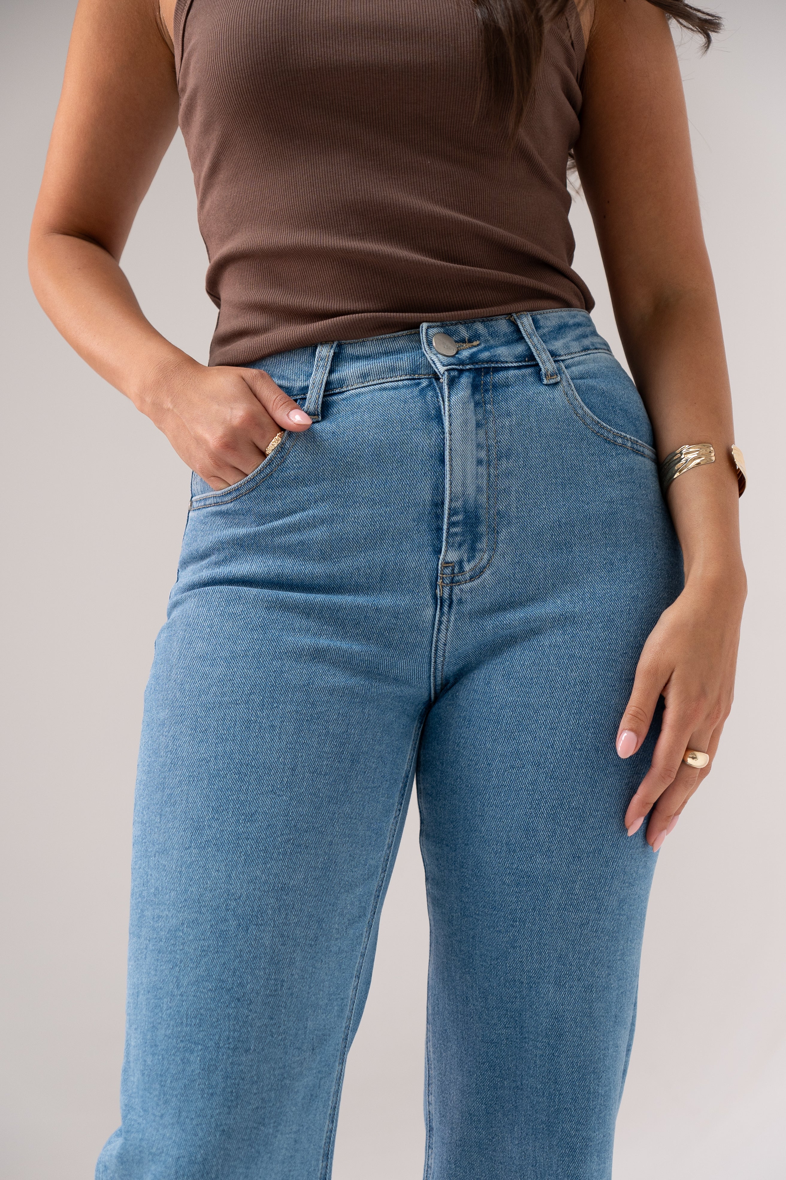 Women's Mid Wash Denim Wide Leg Jeans | Stylish High Waist Turn-Up Trousers 4