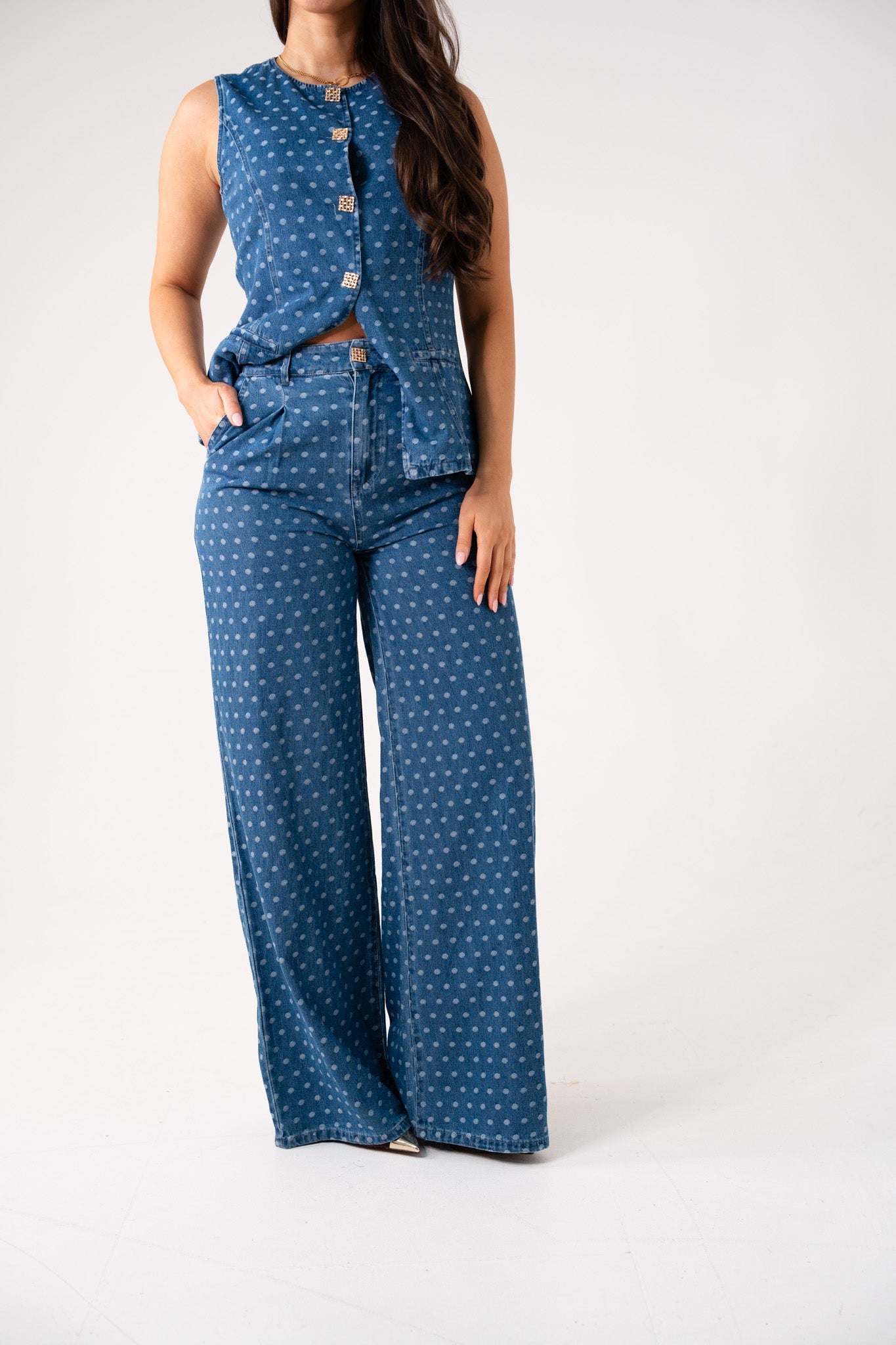 Women's Polka Dot Denim Jeans | Stylish High-Waist Wide Leg Pants 1