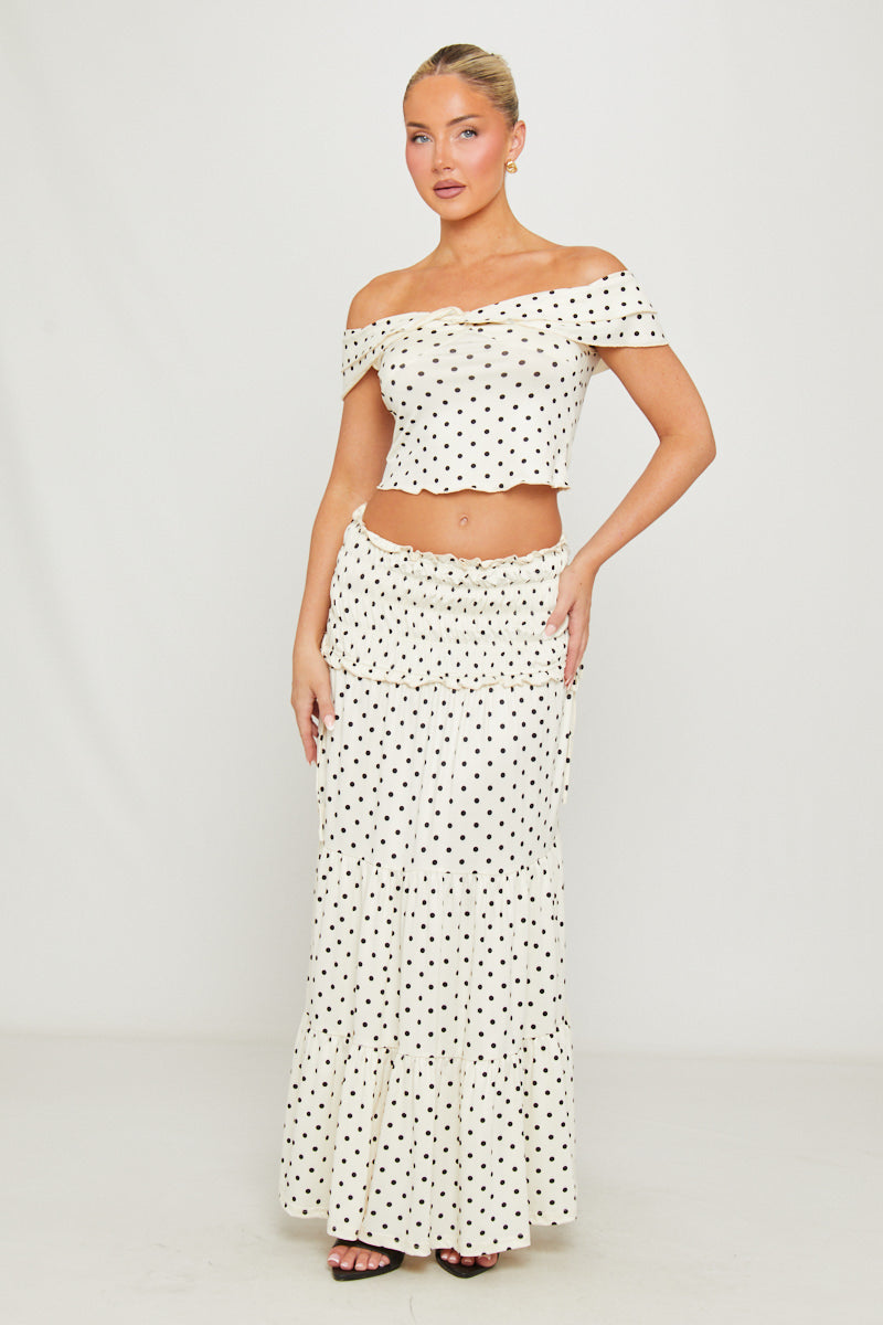 Women's Polka Dot Two Piece Co-Ord Set | Trendy Off-Shoulder Maxi Outfit 0