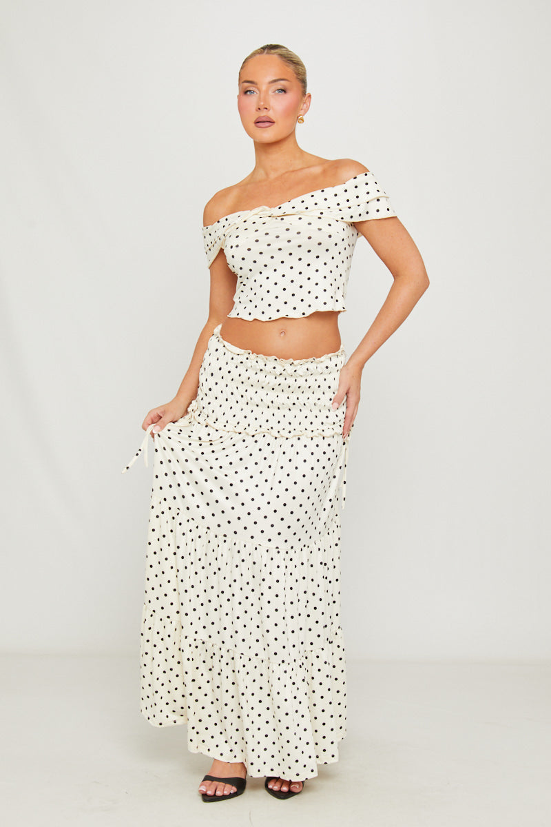 Women's Polka Dot Two Piece Co-Ord Set | Trendy Off-Shoulder Maxi Outfit 1