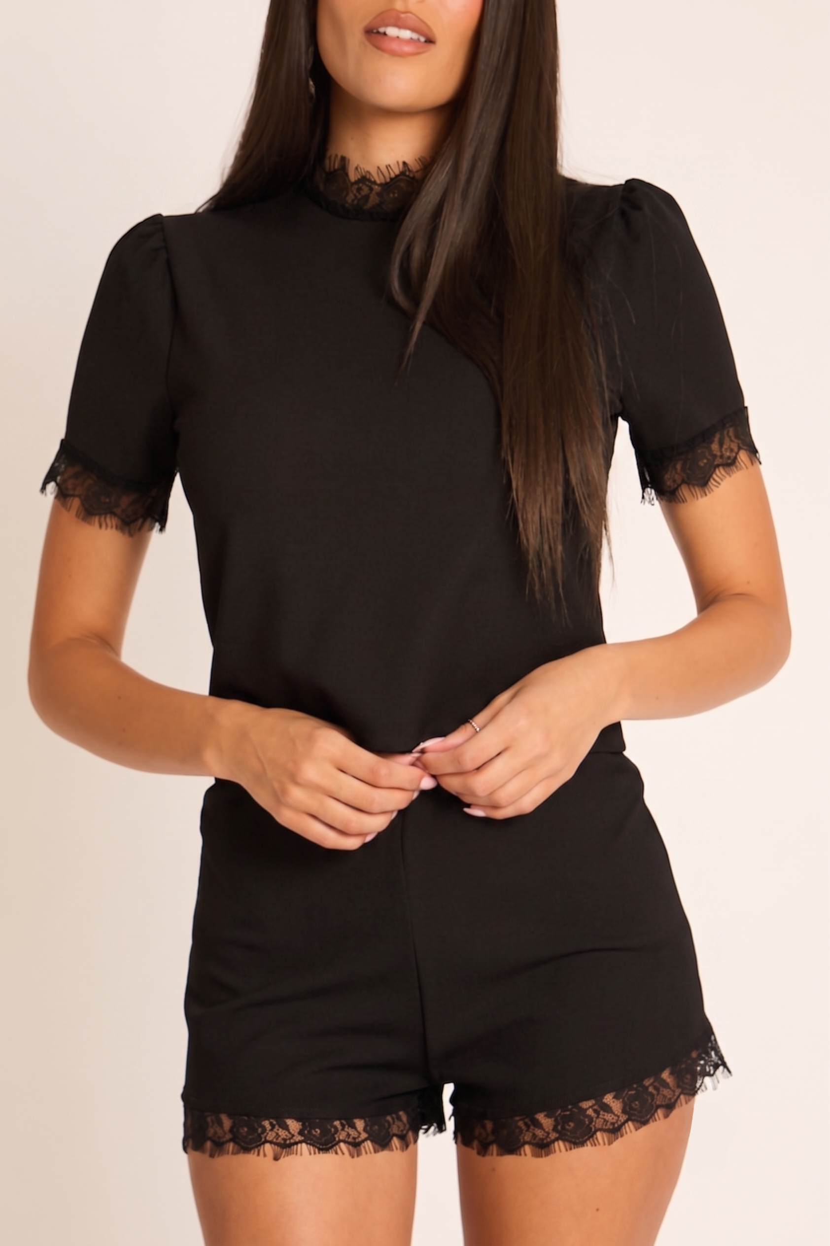 Women's Scuba Crepe Co-ord Set | Elegant Lace Trim Top and Shorts | Chic Two Piece Set 2